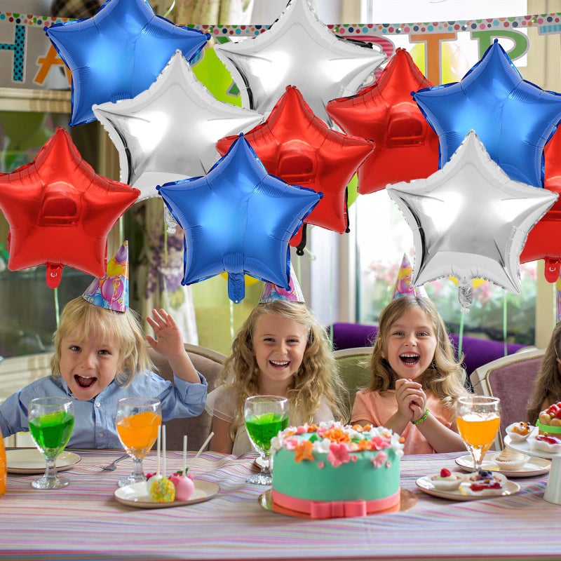 KALOR Blue Red and Silver Star Foil Balloons, 10 Pcs 18 Inch Stars Shape Foil Mylar Balloons for Birthdays, Weddings, Baby Showers, Independence Day Decorations - Image 3